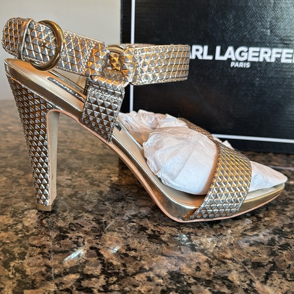 Karl Lagerfeld Women's Gold Heeled Sandals NIB 9.5 - Picture 3 of 13